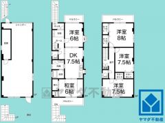 5DK、土地面積99.17平米、建物面積144.41平米。耐震性・耐火性に優れた鉄骨造の3階建住宅。1階ガレージ奥の勝手口、2階南側バルコニーの階段からも降りられるお庭付き。