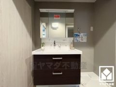 ワイドな3面鏡の洗面台で朝の支度もはかどります。収納付きでスッキリお使い頂けます。