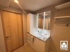 収納豊富なトールキャビネット付きでスッキリお使い頂ける洗面台です。縦に2本配置されたLED照明が顔全体を明るく均等に照らしてくれるので、スキンケアやメイクがしやすくなります。