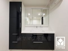 収納豊富なトールキャビネット付きでスッキリお使い頂ける3面鏡の洗面台です。ワイドなカウンタースペースで、忙しい朝でも身支度がしやすく時短になります。