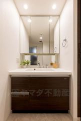収納付きでスッキリお使い頂ける3面鏡の洗面台です。カウンターが広めなので、忙しい朝でも身支度がしやすく時短になります。