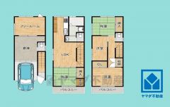 4SLDK、土地面積60.27平米、建物面積104.02平米、木・鉄骨造3階建。