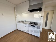 キッチンは空間を有効活用できる壁付けタイプ。調理に手間がかかりがちな肉や魚を、短時間でサッと焼き上げることができるグリル付き。