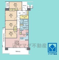 4LDK、専有面積87.97平米、バルコニー面積15.19平米、7階建て5階部分の角部屋。