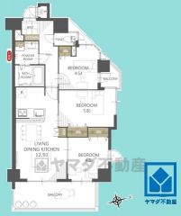 3LDK、専有面積64.14平米、バルコニー面積12.37平米、12階建て5階部分の北東角部屋。耐震性・耐火性の高いSRC造です。