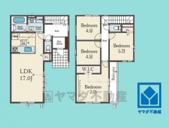 4LDK、土地面積92.57平米、建物面積94.39平米、木造2階建。