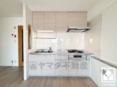 キッチンは空間を有効活用できる壁付けタイプ。間取り図とは異なりますが、北側に配置されています。