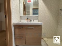 収納付きでスッキリお使い頂ける3面鏡の洗面台です。洗面ボウルが広めなので、忙しい朝でも身支度がしやすく時短になります。