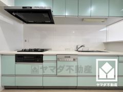 キッチンは空間を有効活用できる壁付けタイプ。キッチン横にはカウンターがございますので、配膳や片付けがしやすいです。