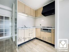 キッチンは空間を有効活用できる壁付けタイプ。L型なので作業動線が最短距離で効率良く動けます。コーナー部分の作業スペースをより広く確保できているのも魅力です。