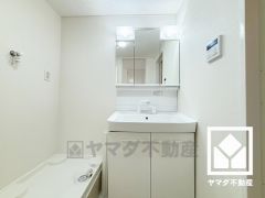 収納付きでスッキリお使い頂ける3面鏡の洗面台です。洗面ボウルが広めなので、忙しい朝でも身支度がしやすく時短になります。