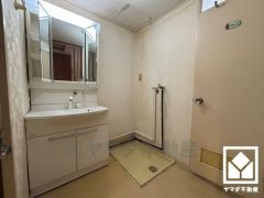 収納付きでスッキリお使い頂ける3面鏡の洗面台です。洗面ボウルが広めなので、忙しい朝でも身支度がしやすく時短になります。