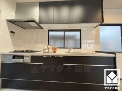 使いやすさとデザイン性を両立。落ち着いたモノトーンテイストが魅力のシステムキッチンです。壁付けタイプで空間を有効活用。