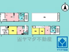 3LDK、土地面積83.03平米、建物面積204.52平米。耐震性・耐火性に優れた鉄骨造の3階建住宅。