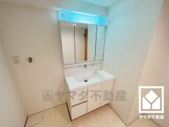 収納付きでスッキリお使い頂ける3面鏡の洗面台です。洗面ボウルが広めなので、忙しい朝でも身支度がしやすく時短になります。