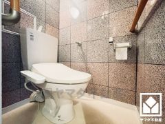 遊び心のあるタイルデザインが魅力的なトイレ空間。機能性とセンスが融合した、居心地の良いプライベートスペースです。