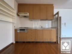 使いやすさとデザイン性を両立。落ち着いた木目扉が魅力のシステムキッチンです。壁付けタイプで空間を有効活用。