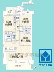 3LDK、専有面積67.76平米、バルコニー面積14.28平米。