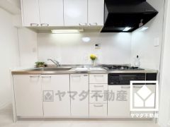 キッチンは空間を有効活用できる壁付けタイプ。使いやすさとデザイン性を両立。落ち着いたモノトーンテイストが魅力のシステムキッチンです。