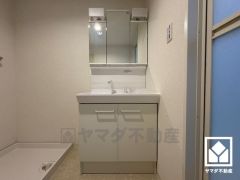 収納付きでスッキリお使い頂ける3面鏡の洗面台です。カウンターが広めなので、忙しい朝でも身支度がしやすく時短になります。